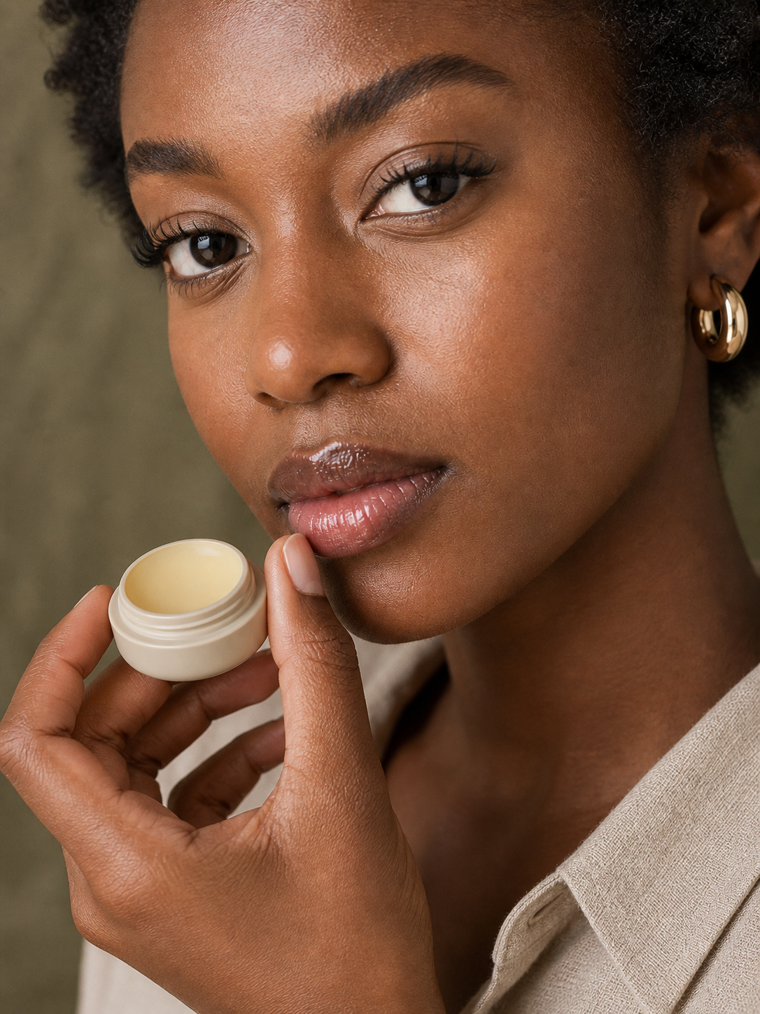 Amara lifting a round balm toward her glossed lips