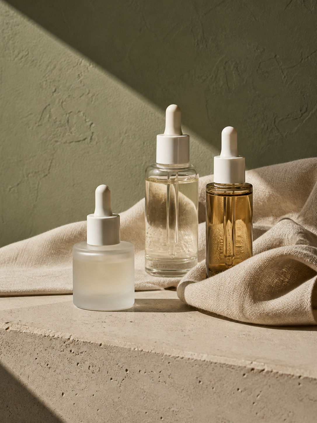 Three serum bottles arranged on stone and rumpled linen