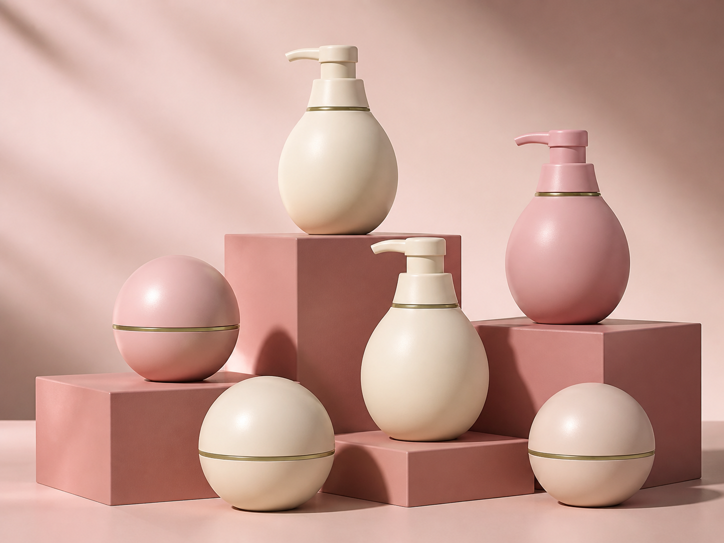 Spherical balms and lotion bottles arranged on rose plinths