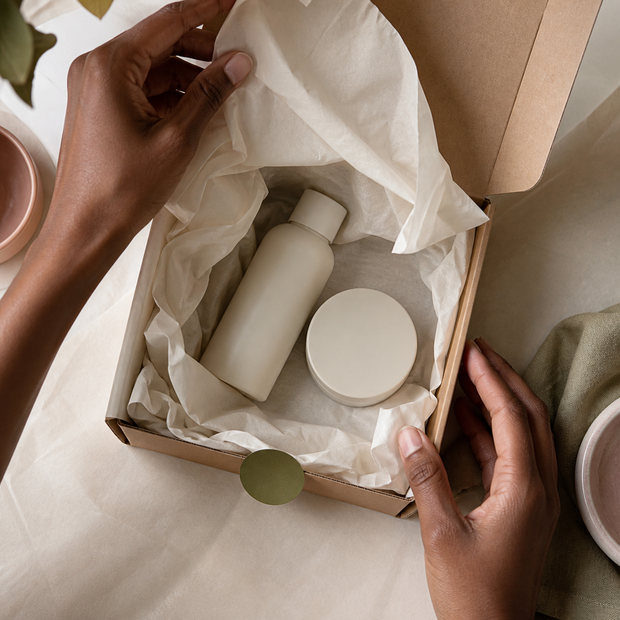Hands opening a tissue-wrapped beauty parcel